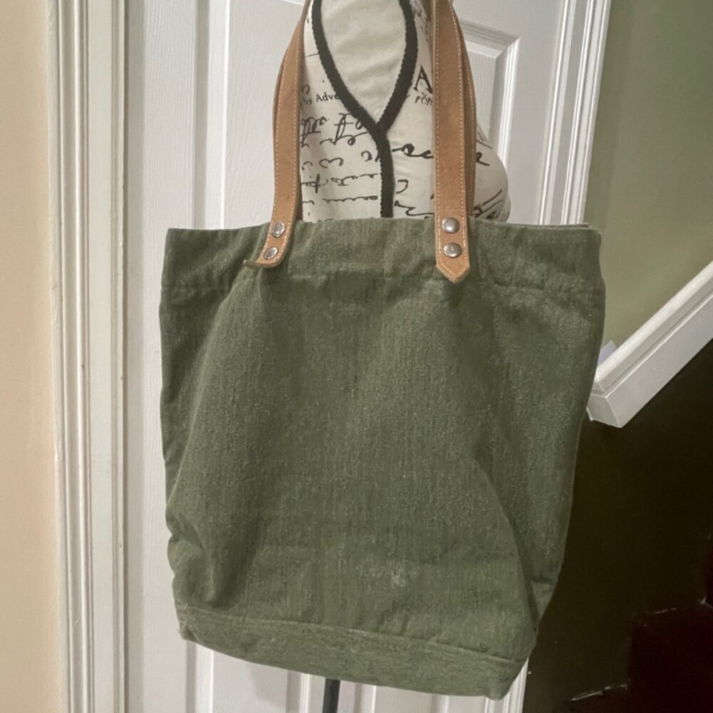 MILITARY GREEN CANVAS LEATHER TOTE BAG NETJETS BRAND - Picture 9 of 16